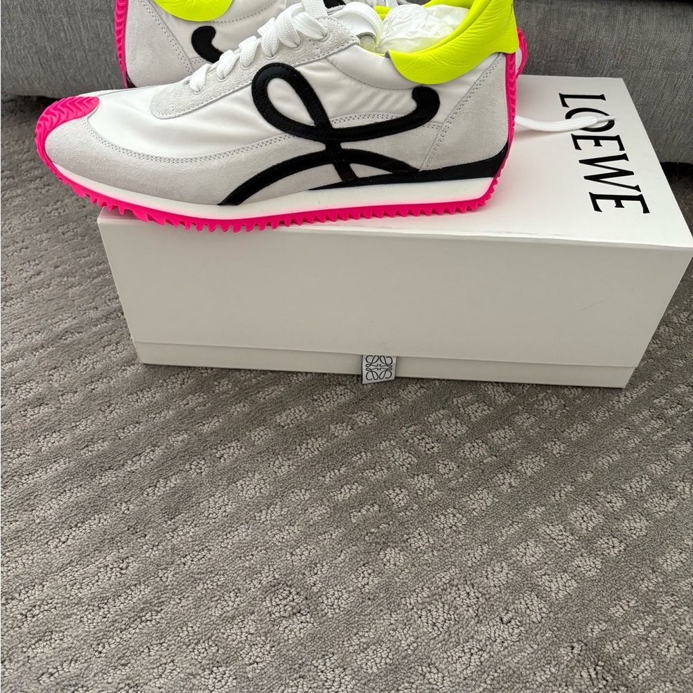 Authentic NWT Loewe Flow Runner  White Sneakers with Black and Neon Accents